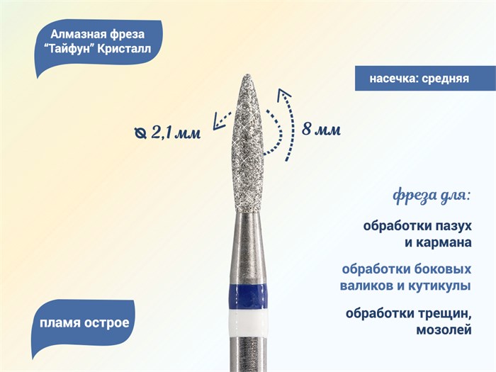 Алмазная фреза Тайфун Кристалл, средняя (синяя) насечка Ø0,21 см, пламя  Ктф66.243.080.21с(8) - фото 442841