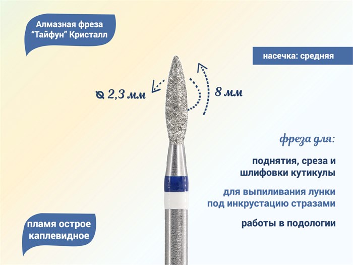 Алмазная фреза Тайфун Кристалл, средняя (синяя) насечка, Ø0,23 см, пламя Ктф66.242.080.23с(5) - фото 442850