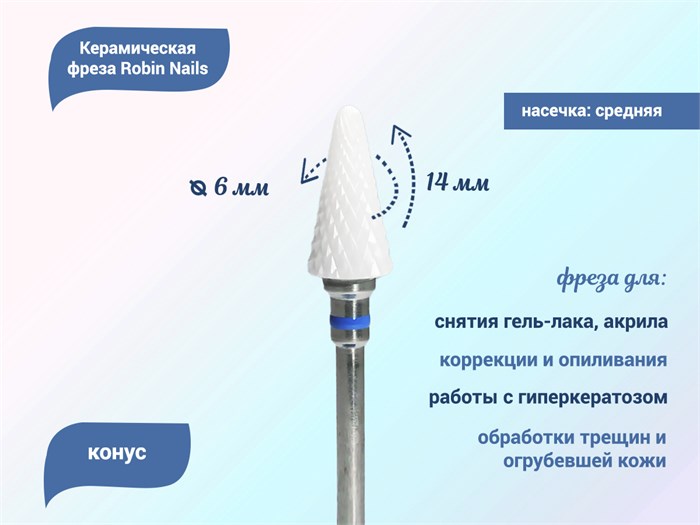 Керамическая фреза Robin Nails 3/32 M ST(C) средняя (синяя) насечка, Ø0,5 см, конус gr/TC192ST - фото 466868