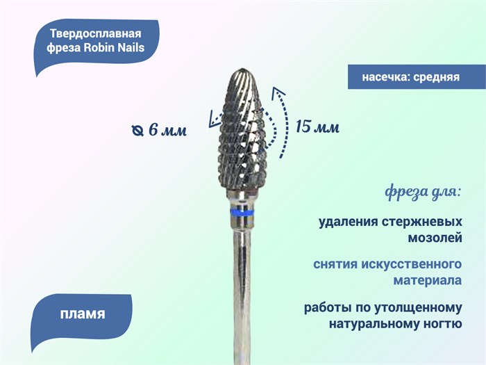 Твердосплавная фреза Robin Nails пламя 3/32 M STP, Ø0,6 см средняя (синяя) насечка gr/WG020 - фото 487908