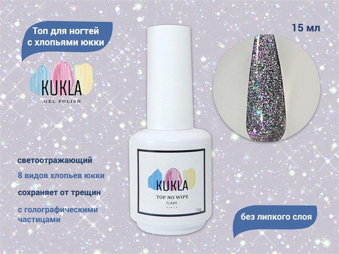 Топ для ногтей Kukla светоотражающий c хлопьями юкки, 15 мл KG/15706 - фото 488947