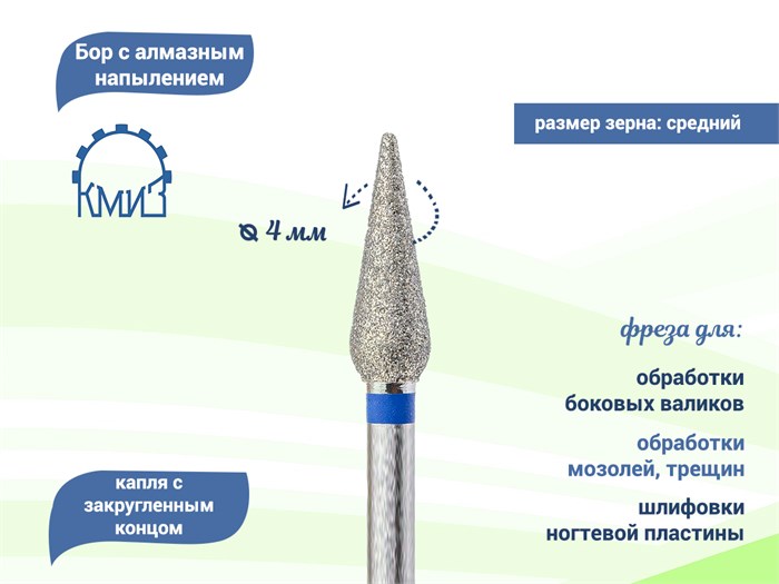 Фреза алмазная КМИЗ, средняя (синяя) насечка, Ø0,4 см, конус (капля) Б260.40/118206(263) - фото 492570