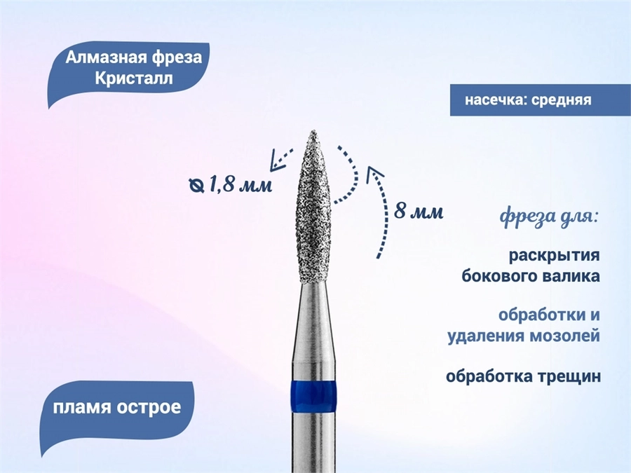 Алмазная фреза Кристалл, средняя (синяя) насечка, пламя острое, Ø0,18 см К66.243.080.18(50)
