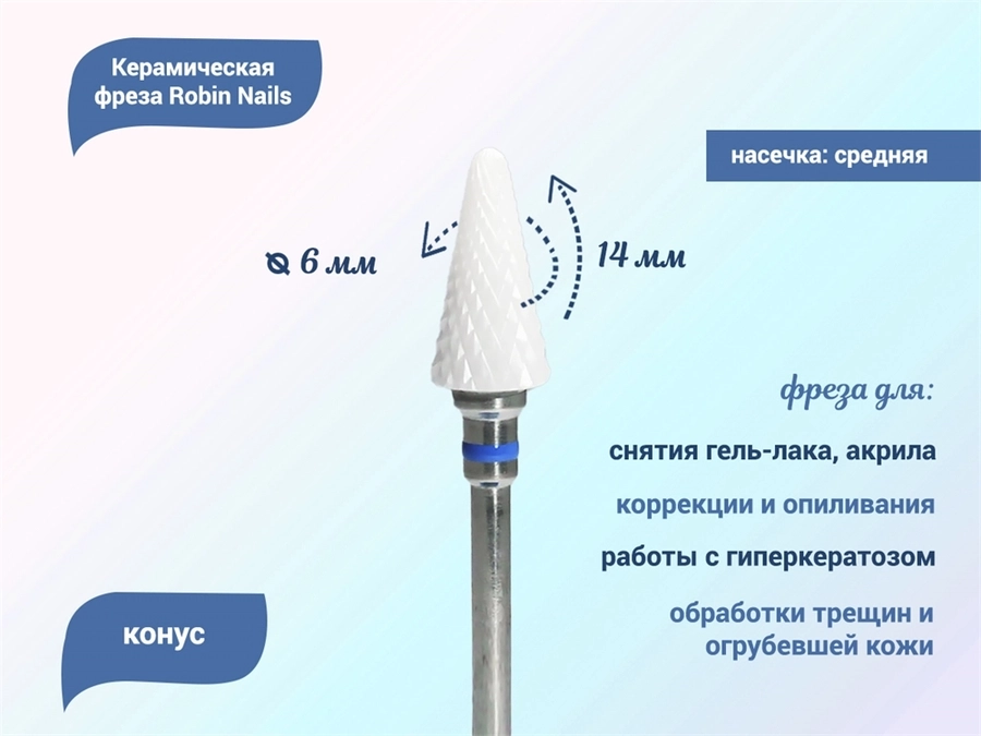Керамическая фреза Robin Nails 3/32 M ST(C) средняя (синяя) насечка, Ø0,5 см, конус gr/TC192ST