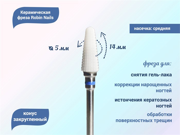 Керамическая фреза Robin Nails 3/32 M STPV(C) средняя (синяя) насечка, Ø0,5 см, конус закругленный  gr/TC132STPV - фото 529525