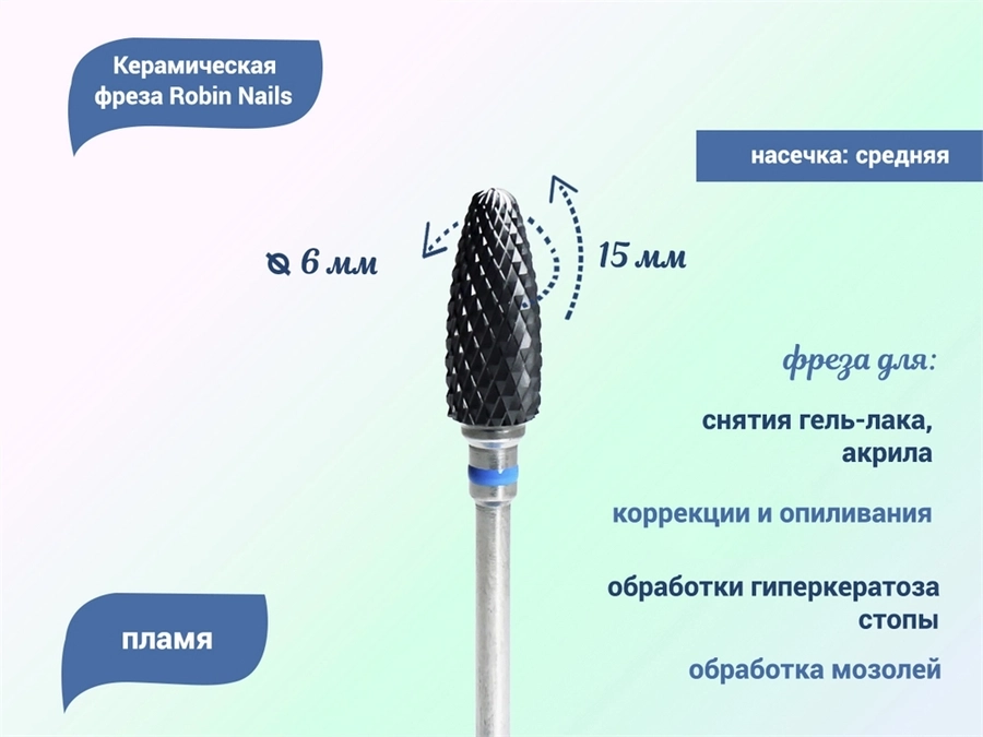Керамическая фреза Robin Nails 3/32 M-Black ST(C) средняя (синяя) насечка, Ø0,6 см, пламя gr/TC062STB
