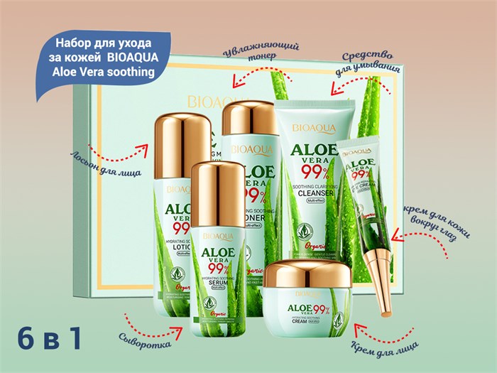 Набор для ухода за кожей BIOAQUA Aloe Vera soothing, 6 в 1 BQY14788 - фото 537379