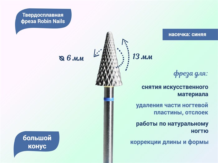 Твердосплавная фреза Robin Nails большой конус 3/32 M RL, Ø0,5 см средняя (синяя) насечка gr/MR0613-M - фото 554651