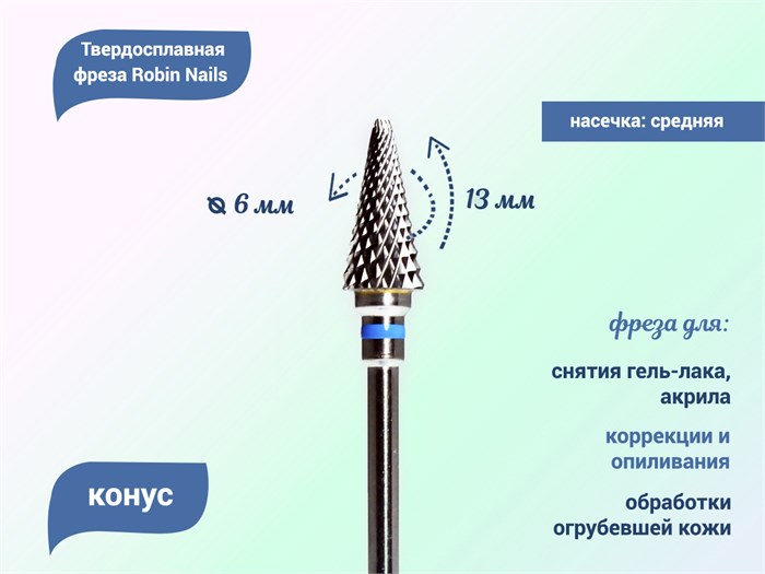 Твердосплавная фреза Robin Nails большой конус 3/32 M ST, Ø0,6 см средняя (синяя) насечка gr/WG028 - фото 554657