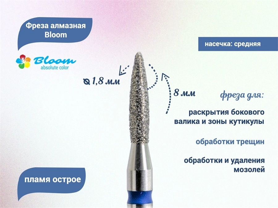 Фреза алмазная Bloom средняя (синяя) насечка, Ø0,18 см, пламя Bl/66.243.080.18(2)