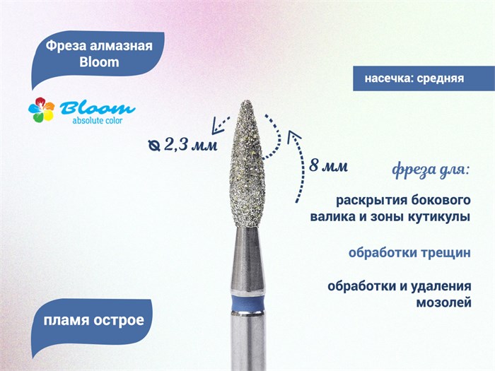 Фреза алмазная Bloom средняя (синяя) насечка, Ø0,23 см, пламя Bl/66.243.080.23(6) - фото 559321