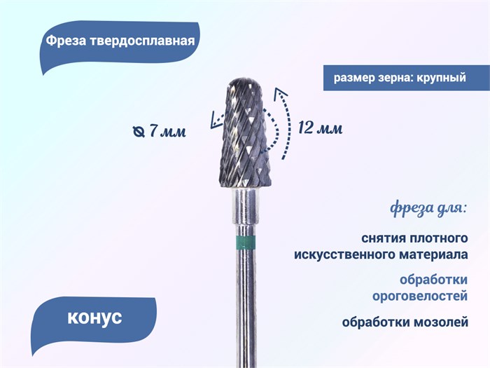 Фреза твердосплавная Robin Nails конус, Ø0,7 см грубая (зеленая) насечка gr/194.220.070 - фото 560581