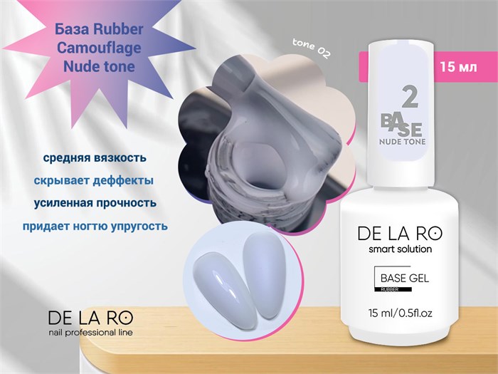 Базовое покрытие BASE Delaro Rubber Camouflage Nude tone 02, 15 мл Del/CNT02-15