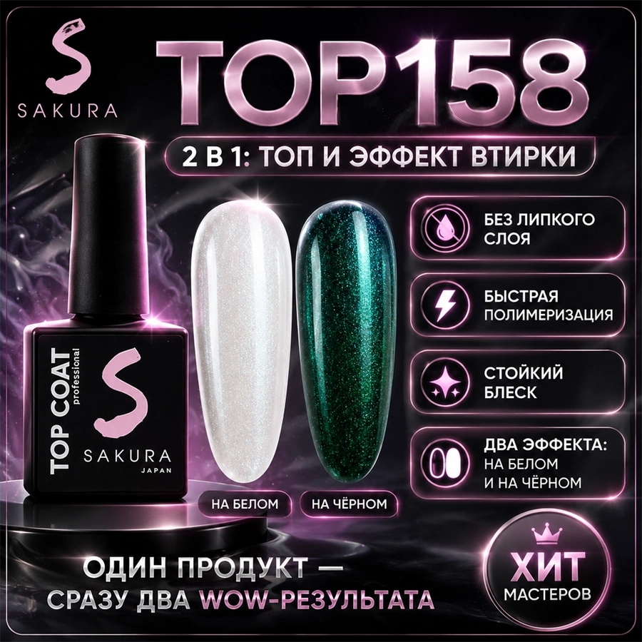 Топ для ногтей Sakura Top158 с эффектом втирки, 9 мл Top158