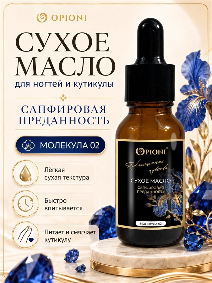 Сухое масло для ногтей и кутикулы Opioni, Cапфировая преданность (аромат:парфюм Molecular 02), 15 мл OP№6